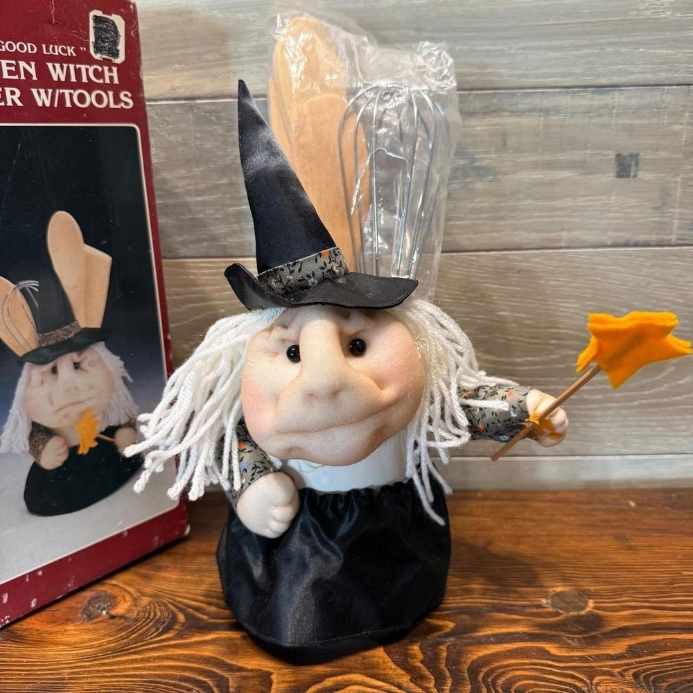 Vintage Good Luck Kitchen Witch Utensil Holder with Wooden Spoons and Whisk Set